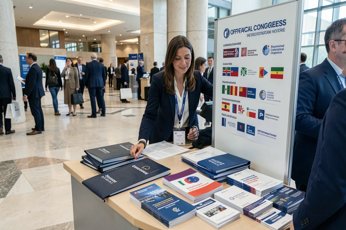 Bureau d'accueil d'un congrès du notariat international avec signalétique multilingue et drapeaux de délégations