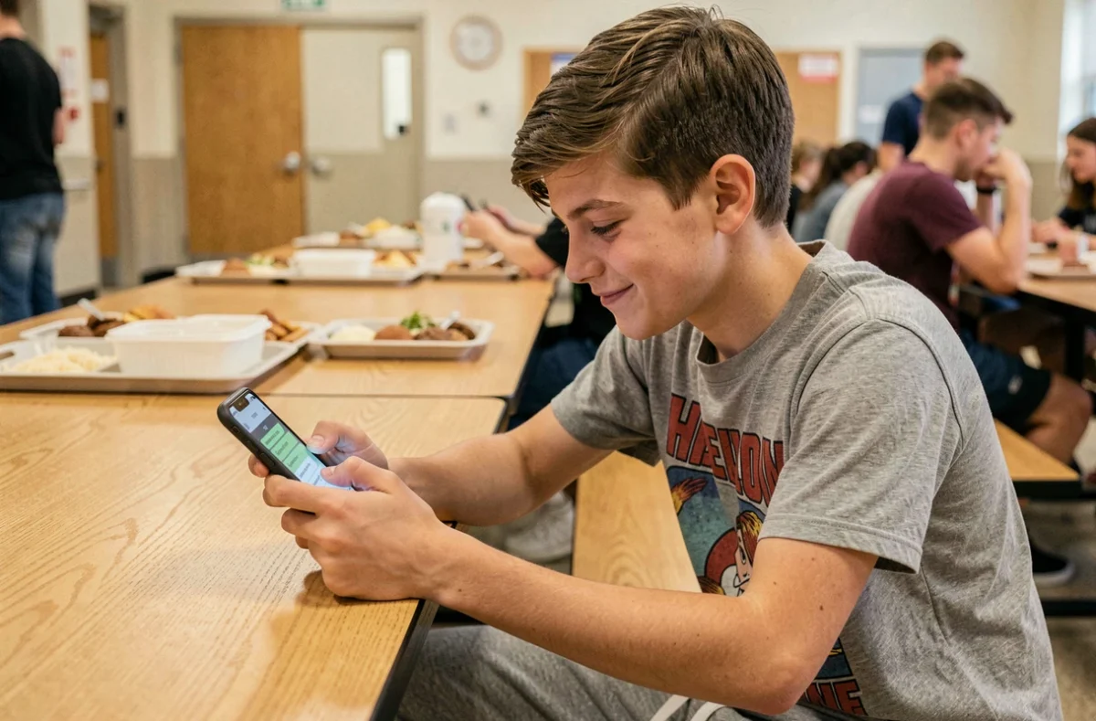 Adolescent regardant son téléphone avec une expression amusée en lisant du slang dans une cafétéria scolaire