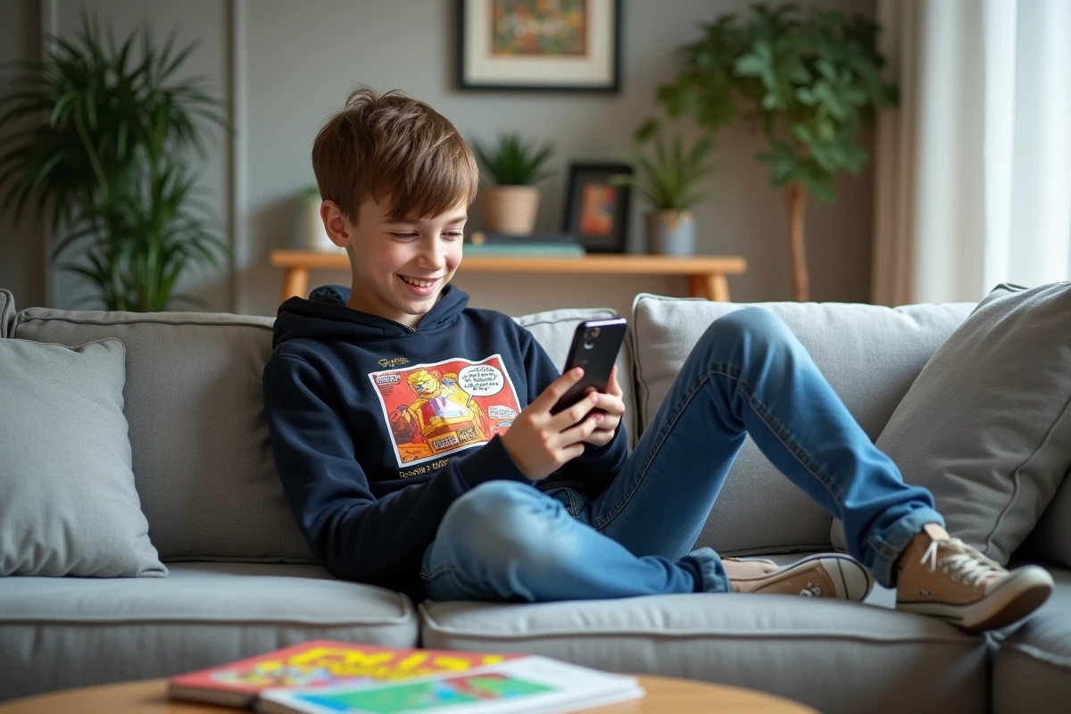 Adolescent lisant un webtoon sur son smartphone à la maison