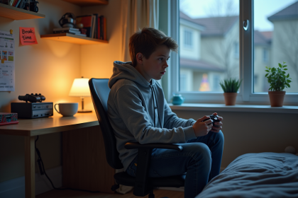 Jeune adolescent assis à son bureau dans sa chambre avec manette
