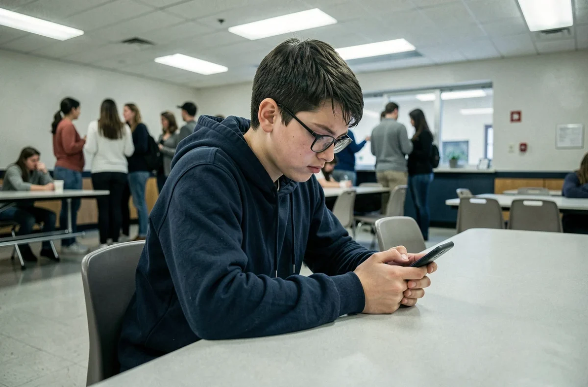 Adolescent pensif consultant son smartphone dans une cafétéria scolaire, illustrant l'impact des mots blessants et des mèmes validistes sur les jeunes en ligne