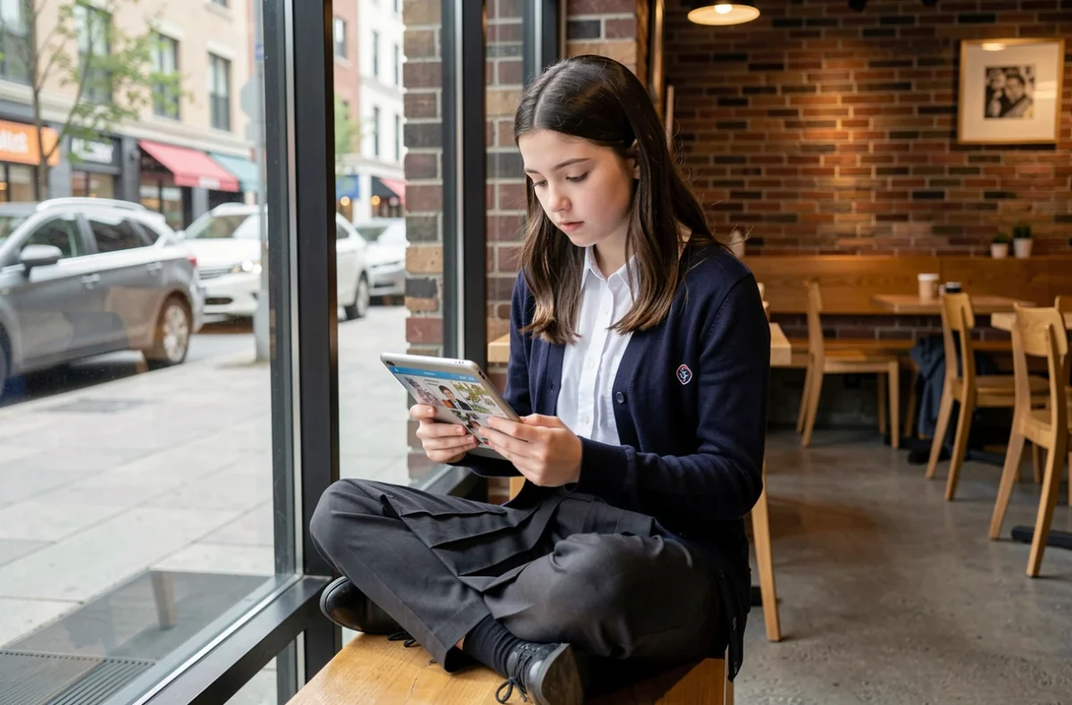 Adolescente lisant le scan de Solo Leveling en français sur une tablette dans un café urbain moderne