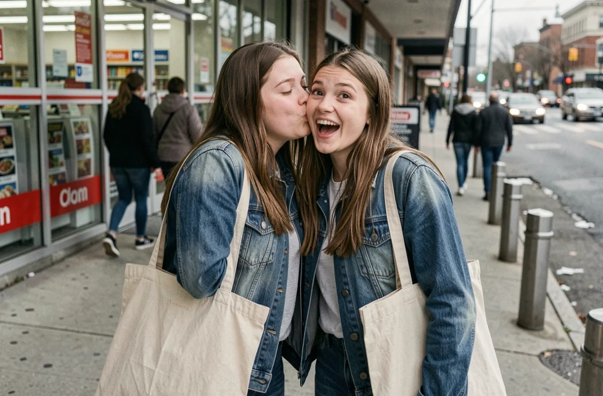 Deux adolescentes complices échangeant une expression d'argot en chuchotant devant une épicerie de quartier