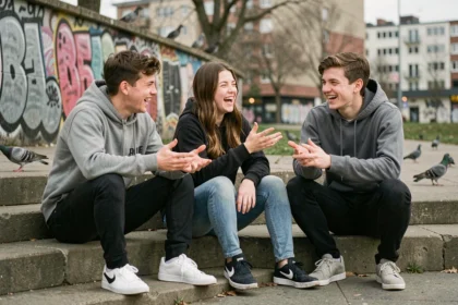 Groupe d'adolescents en tenue streetwear échangeant des expressions d'argot dans un parc urbain