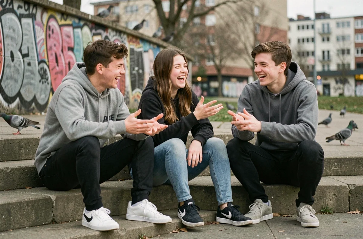 Groupe d'adolescents en tenue streetwear échangeant des expressions d'argot dans un parc urbain