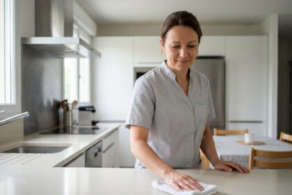 Aide ménagère professionnelle nettoyant un plan de travail dans une cuisine moderne à Hœnheim