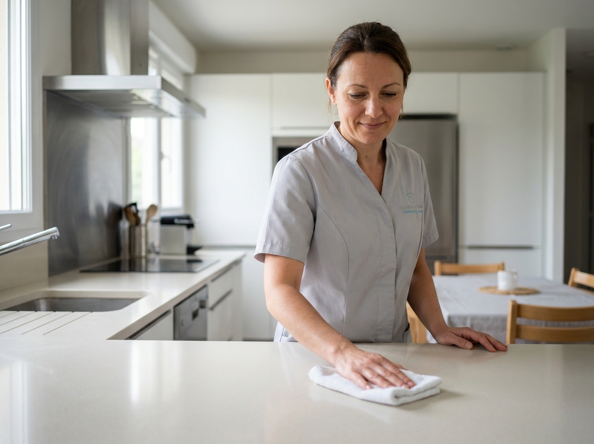 Aide ménagère professionnelle nettoyant un plan de travail dans une cuisine moderne à Hœnheim
