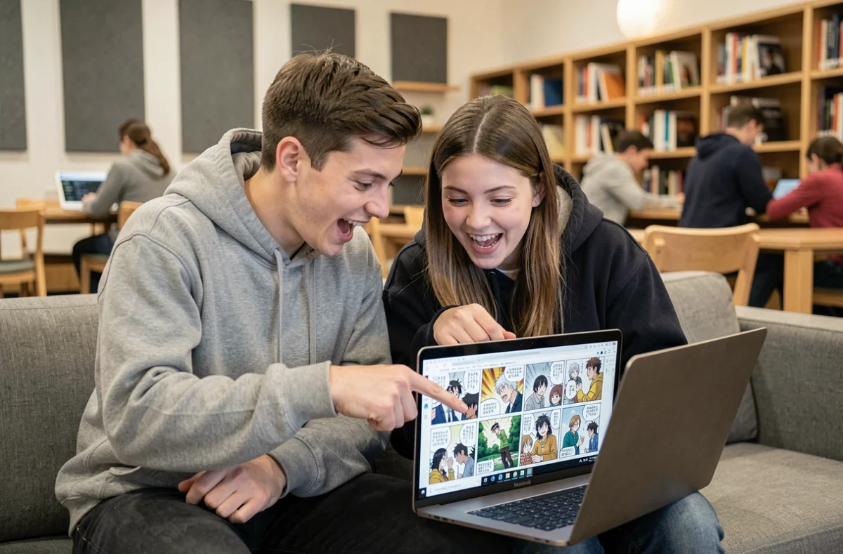 Deux amis parcourant ensemble des scans de Solo Leveling en français sur un ordinateur portable dans une bibliothèque publique