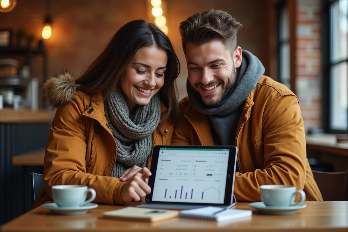 Deux amis découvrant ensemble une application de suivi de séries sur tablette dans un café