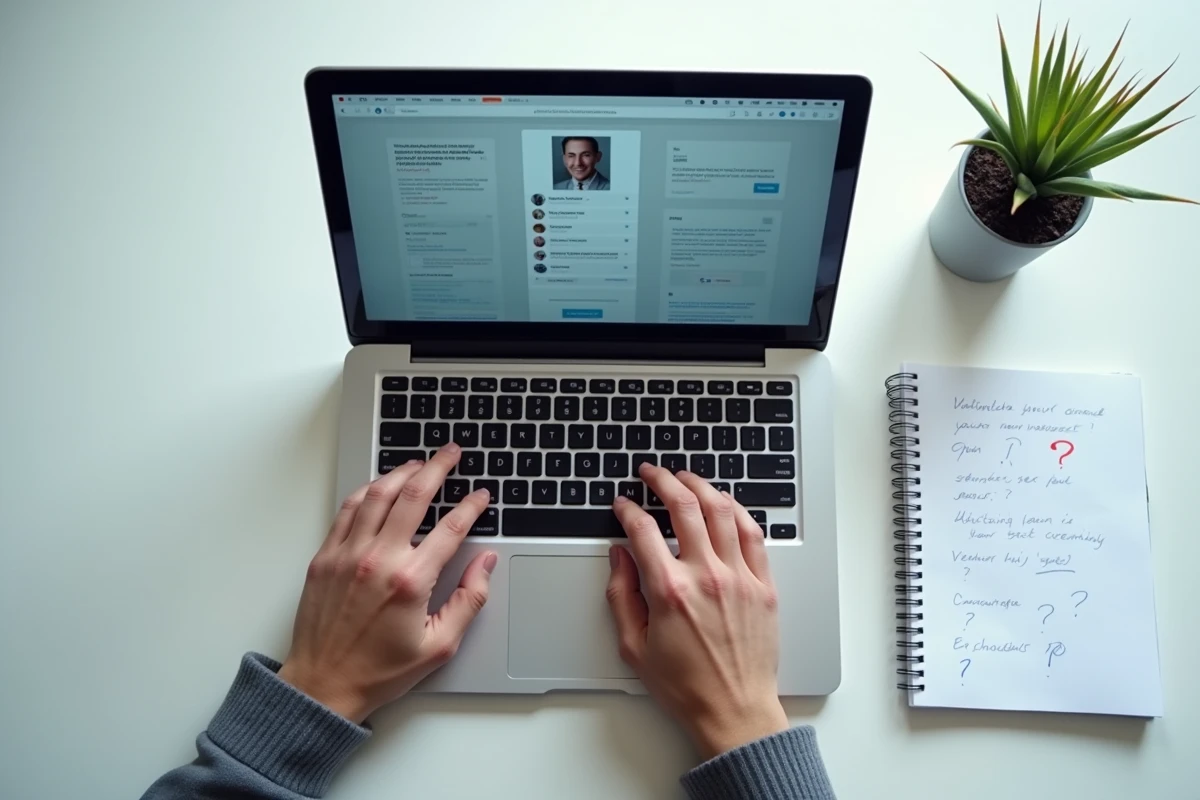 Gros plan sur les mains d'un internaute analysant un faux profil en ligne avec des notes manuscrites à côté