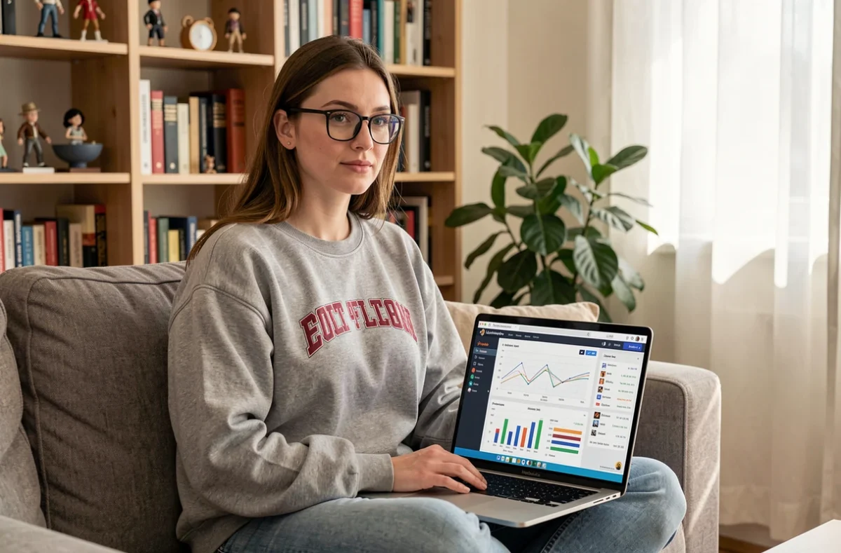 Femme analysant les statistiques et le nombre de joueurs de League of Legends sur un ordinateur portable