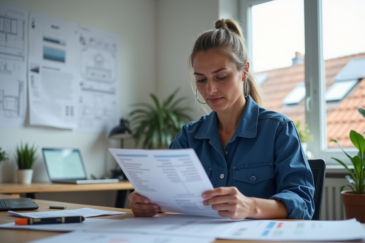 Femme artisan vérifiant un devis dans un bureau moderne