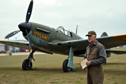 Avion Bf 109 G restauré sur l'aérodrome avec mécanicien