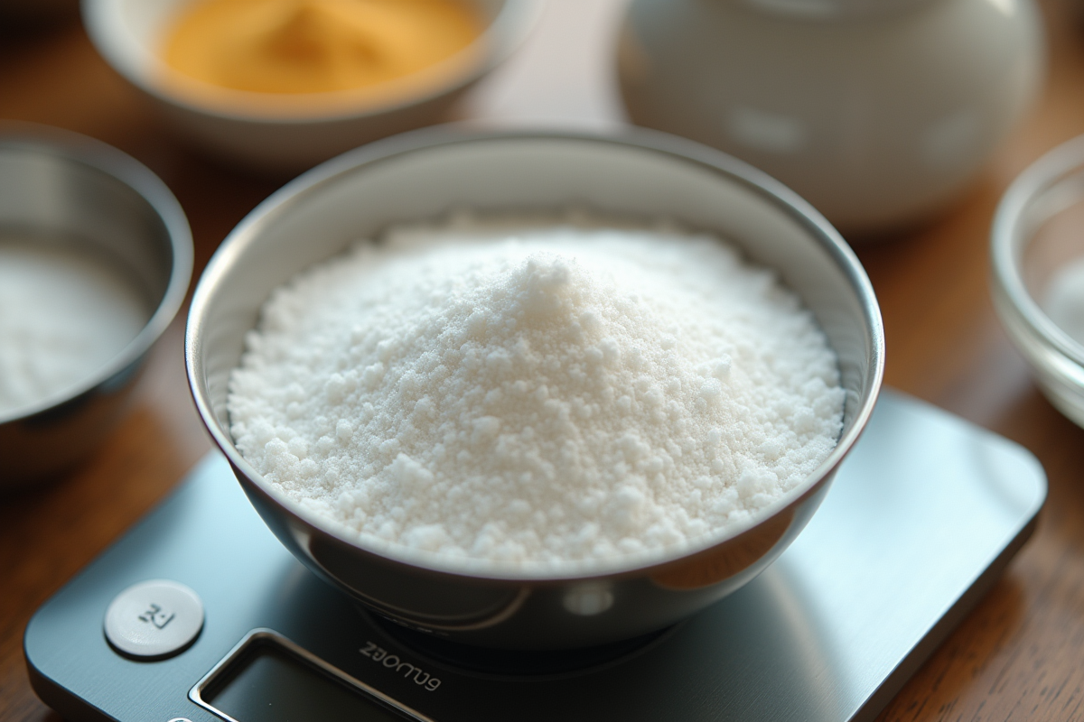 Balance de cuisine numérique avec bol de sucre en gros plan