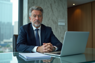 Banquier en costume navy dans un bureau moderne