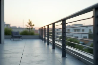 Balcon moderne avec barreau aluminium horizontal anthracite sur terrasse contemporaine en béton poli