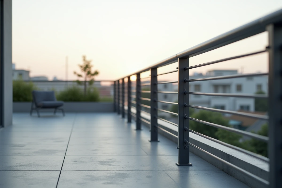 Balcon moderne avec barreau aluminium horizontal anthracite sur terrasse contemporaine en béton poli