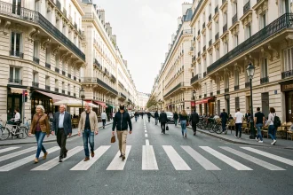 Boulevard haussmannien animé au cœur de Paris avec piétons et façades en pierre calcaire, illustrant la grandeur urbaine de la plus grande ville de France