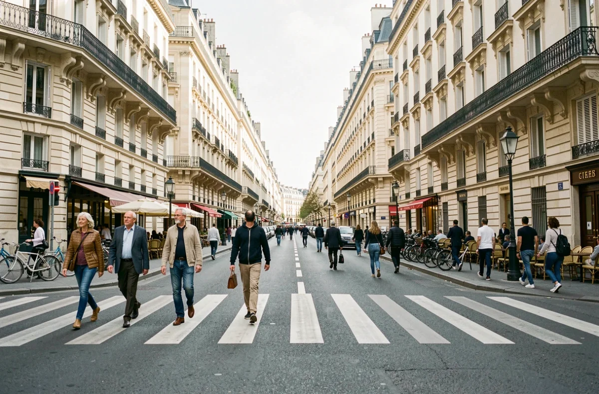 Boulevard haussmannien animé au cœur de Paris avec piétons et façades en pierre calcaire, illustrant la grandeur urbaine de la plus grande ville de France