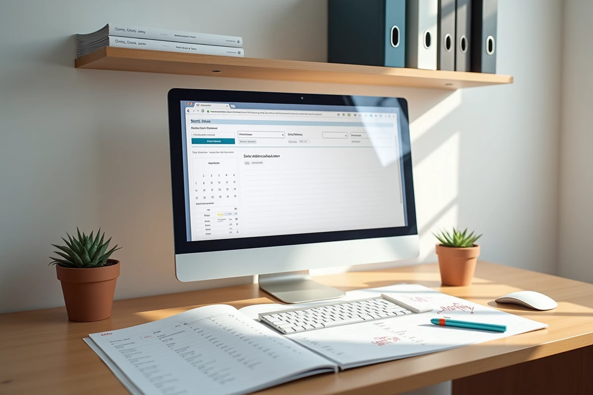 Bureau à domicile organisé avec calendrier annuel 2026 annoté et calculateur de dates ouvertes sur écran d'ordinateur