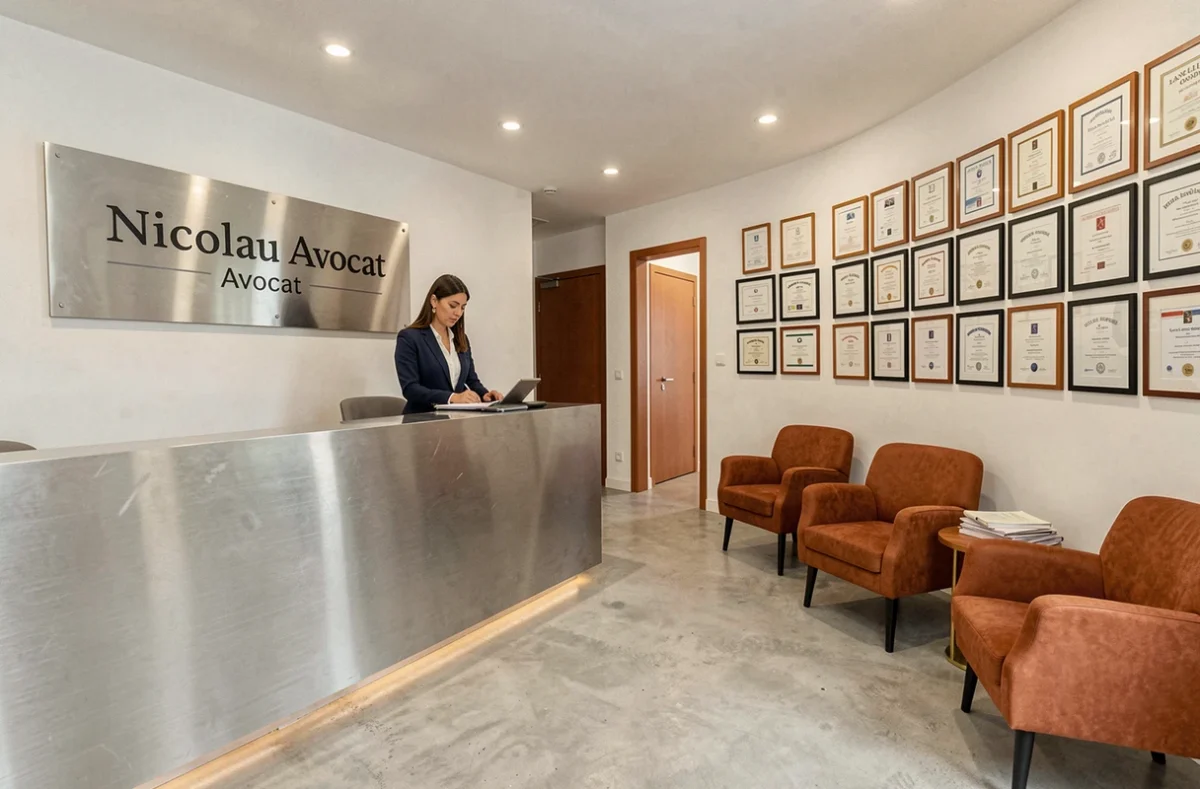 Réception du Cabinet Nicolau Avocat à Perpignan avec enseigne professionnelle et espace d'accueil moderne