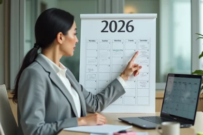 Femme professionnelle consultant un calendrier 2026 imprimé tout en utilisant un calculateur de dates en ligne sur ordinateur portable au bureau