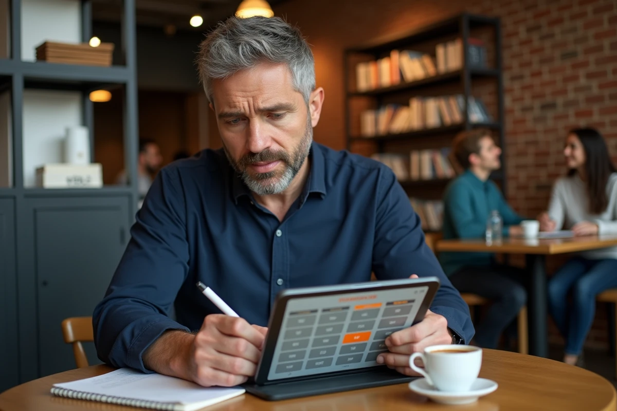 Homme d'affaires utilisant une application calculateur de jours ouvrés 2026 sur tablette dans un café moderne