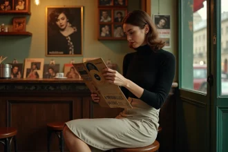 Jeune femme des années 60 tenant un vinyle de chanson française dans un café parisien vintage