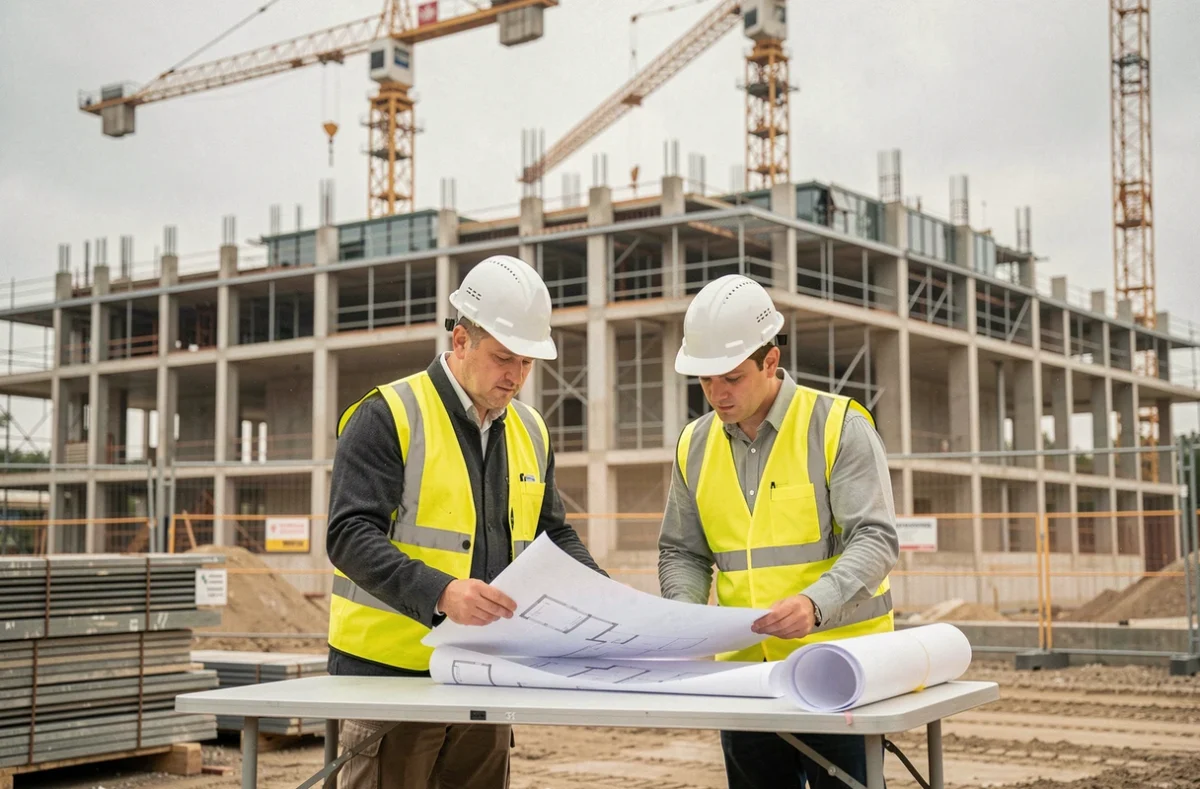 Ingénieurs en chantier de construction urbaine en périphérie de Paris consultant des plans architecturaux, symbolisant les enjeux de croissance et d'urbanisme de la métropole française