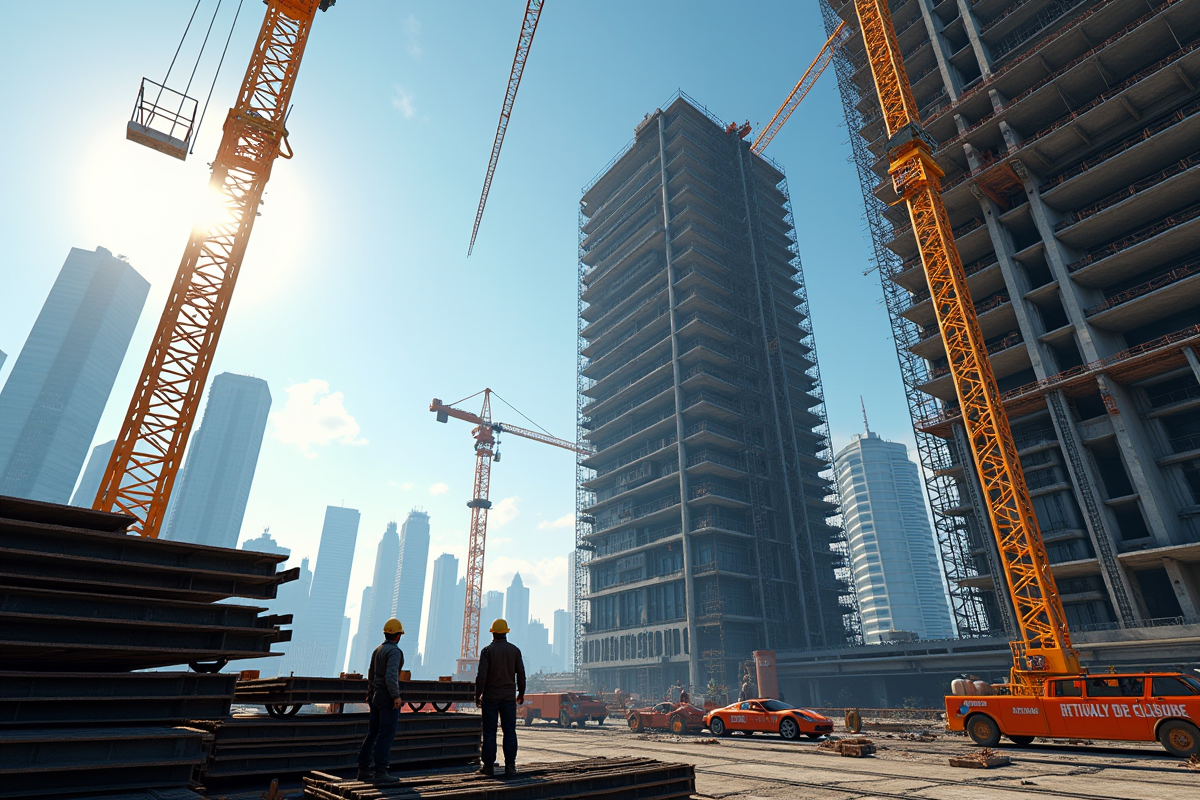 Chantier urbain avec grue et ouvriers sur un immeuble moderne