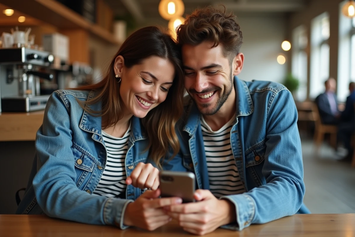 Deux amis choisissant ensemble un pseudo sur smartphone dans un café, comparant idées créatives et générateur automatique