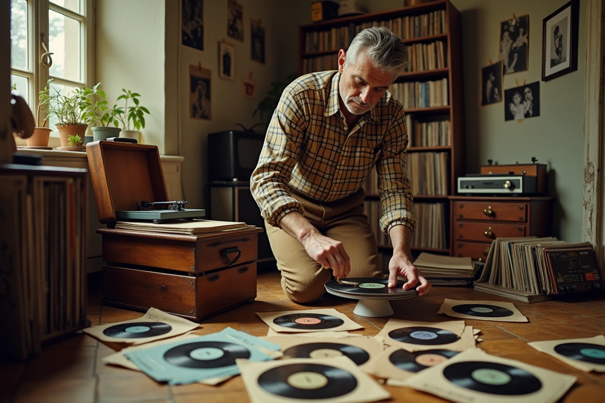 Collectionneur de disques vinyle des années 60 explorant des chansons françaises méconnues dans une salle remplie de 45 tours