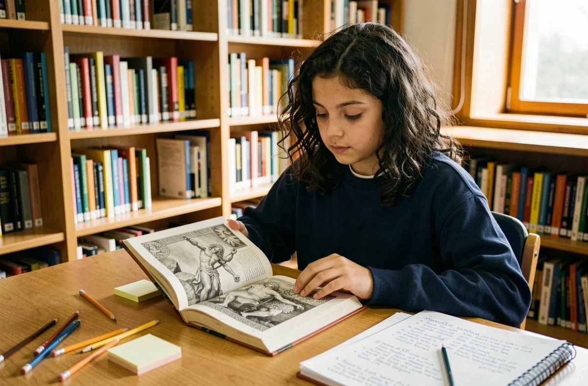 Collégienne lisant une fiche sur le mythe de Prométhée dans une bibliothèque scolaire avec cahier de résumé