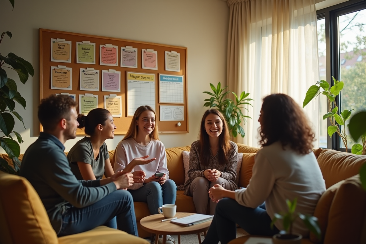 Colocataires souriants dans un salon avec tableau de budget