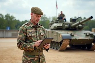 Commandant français à côté d’un Leclerc XLR en camouflage