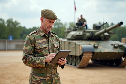 Commandant français à côté d’un Leclerc XLR en camouflage