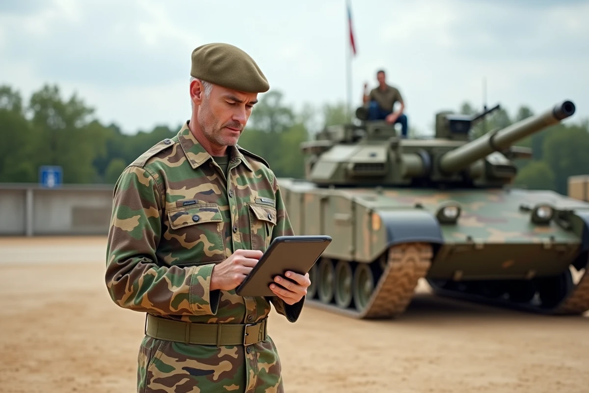 Commandant français à côté d’un Leclerc XLR en camouflage