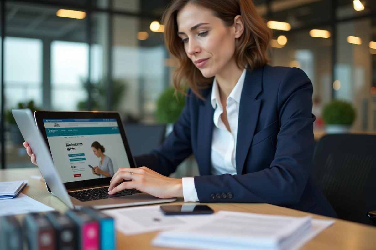 Femme professionnelle comparant les prix de cartouches d'encre Luxembourg sur un ordinateur portable dans un bureau moderne