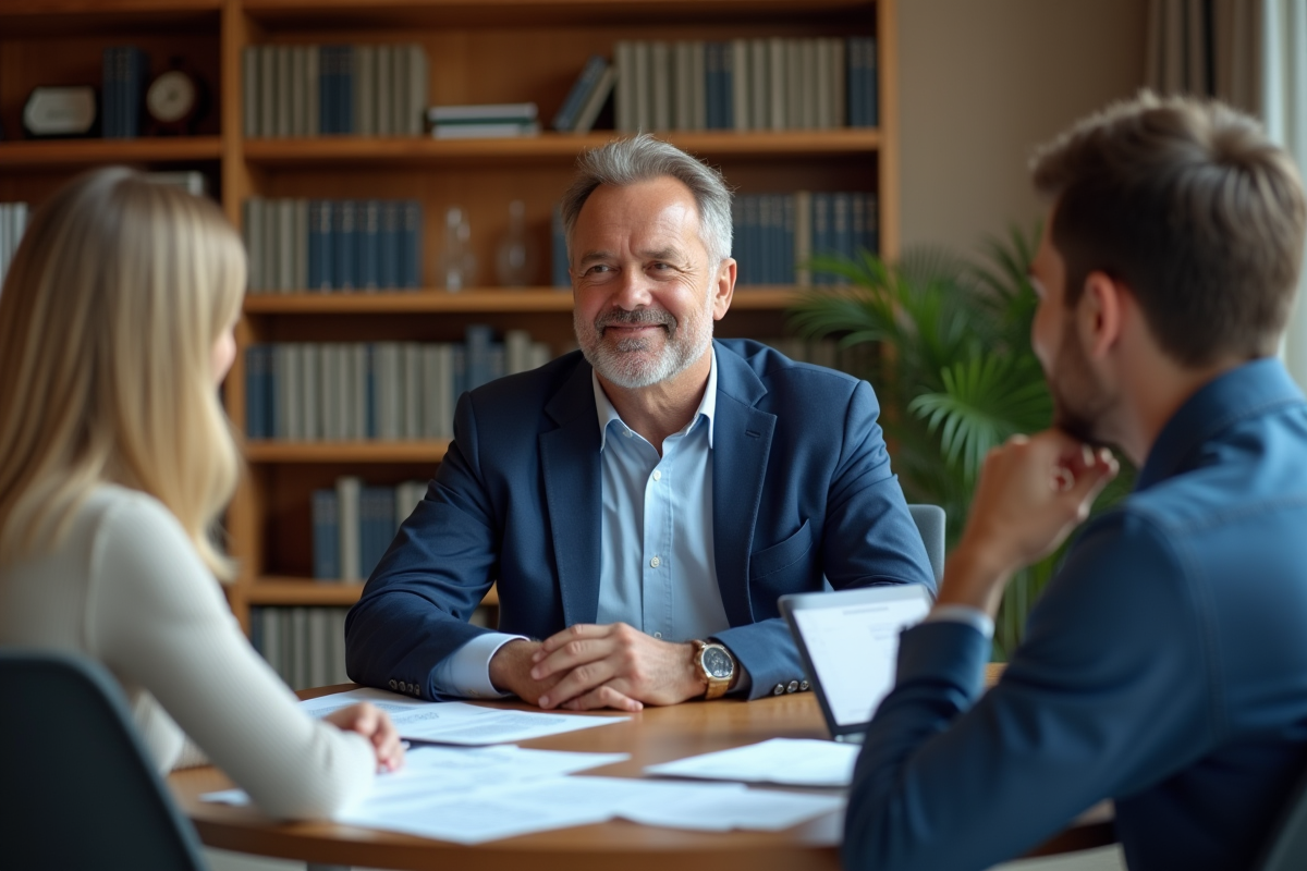 Conseiller financier explique des stratégies à un couple dans une salle
