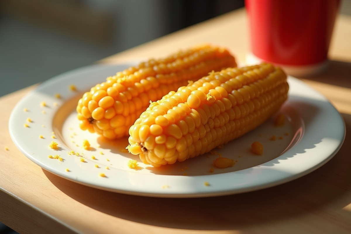 Corn cobette dorée sur une assiette blanche avec miettes