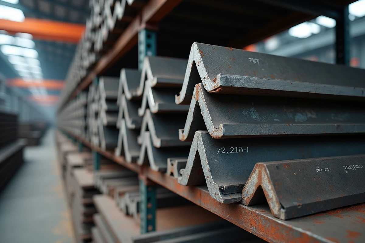 Cornières en L acier de différentes épaisseurs et longueurs empilées sur un rack de stockage industriel