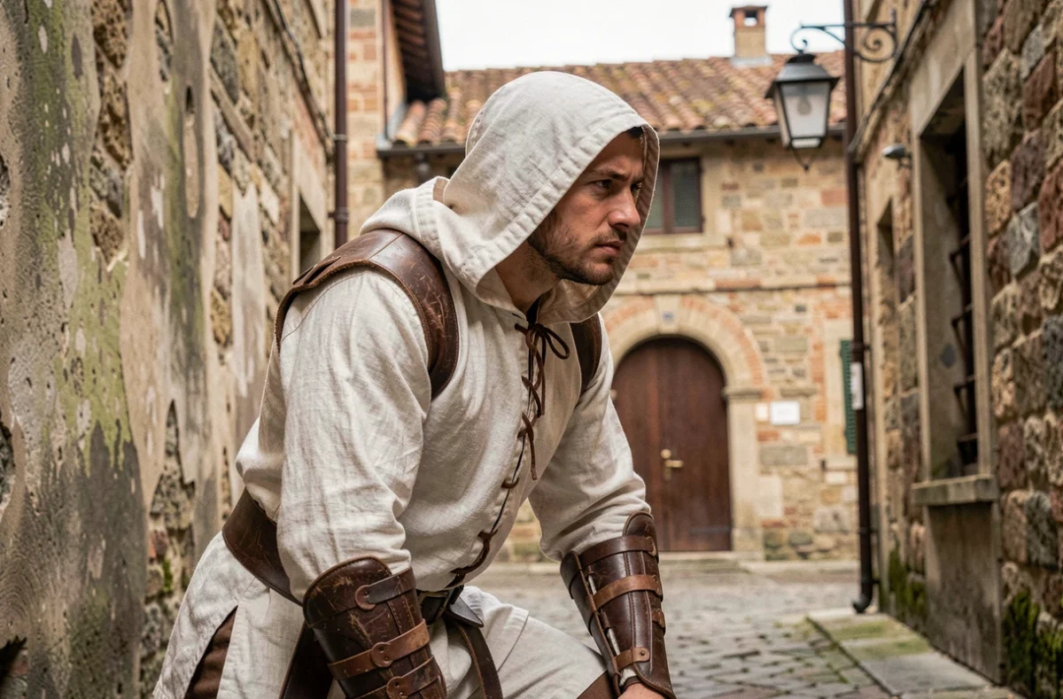 Homme en costume Renaissance inspiré d'Ezio Auditore dans une ruelle pavée florentine, ambiance historique immersive