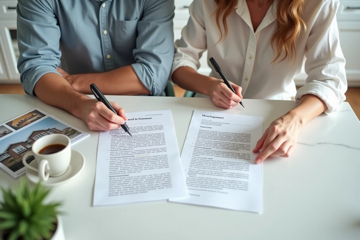 Couple d'acheteurs immobiliers relisant ensemble un mail destiné à leur notaire à la table de cuisine