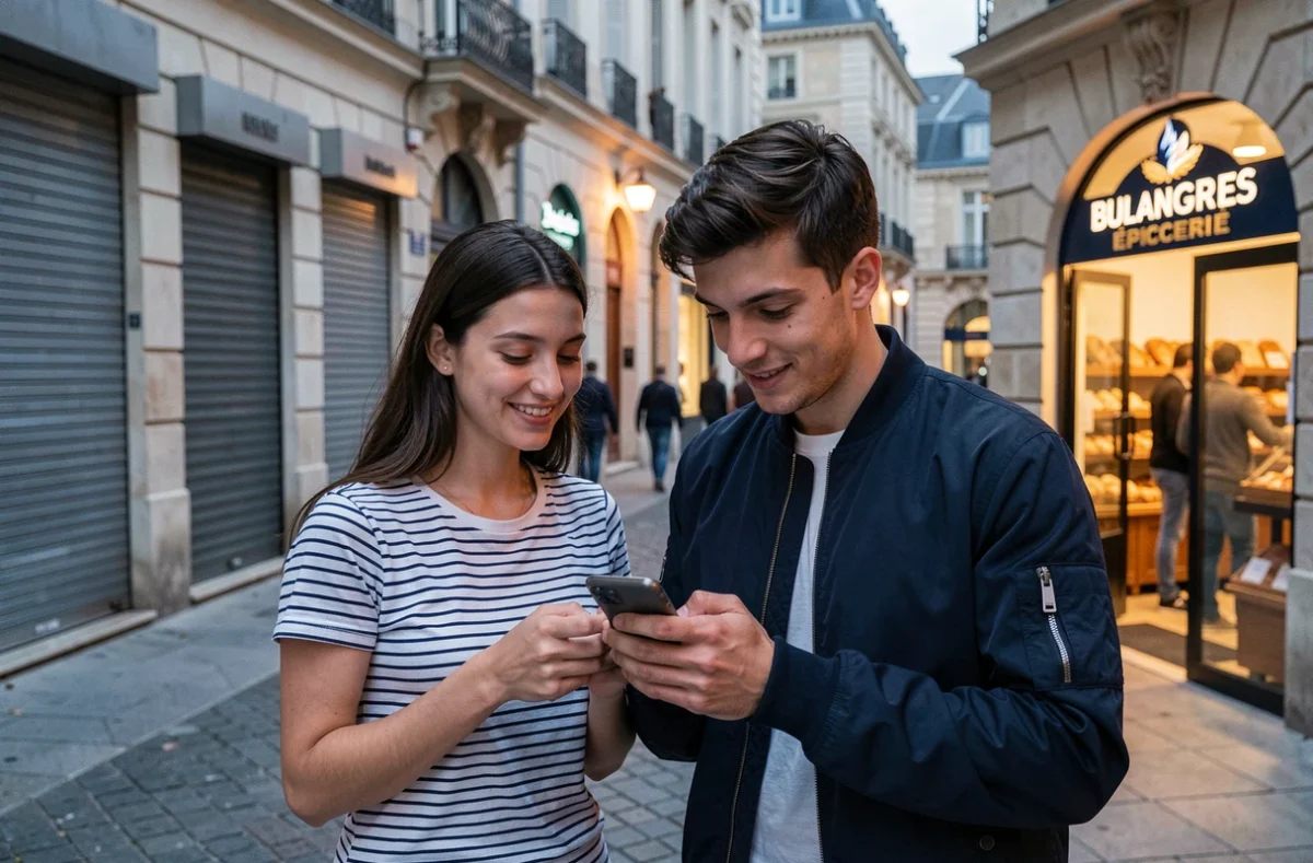 Couple cherchant un magasin ouvert le dimanche soir sur une rue commerçante de Montpellier