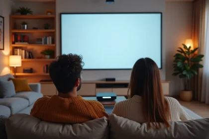 Couple dans leur salon regardant un film en home cinema