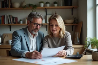 Couple français lisant des papiers à la maison
