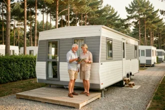 Couple devant un mobil-home moderne dans un camping entouré de pins, consultant une brochure sur la terrasse en bois