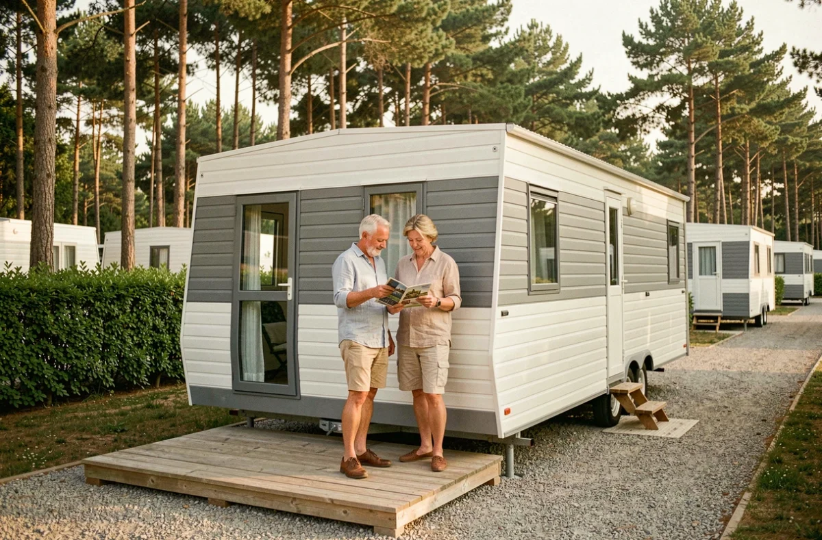 Couple devant un mobil-home moderne dans un camping entouré de pins, consultant une brochure sur la terrasse en bois