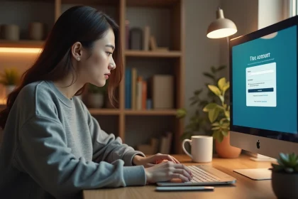 Jeune femme créant un compte sur un site de suivi de séries depuis son bureau à domicile
