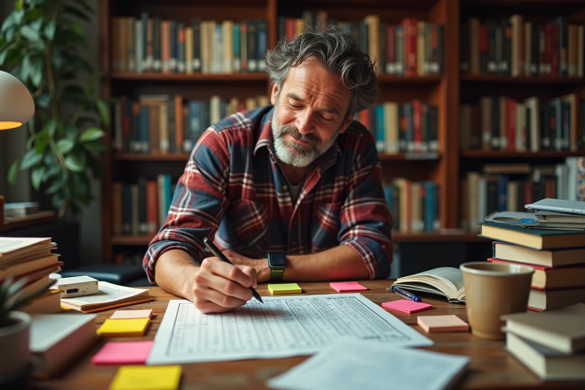 Homme concentré créant une grille de mots croisés à la main dans un bureau encombré rempli de dictionnaires et de notes colorées